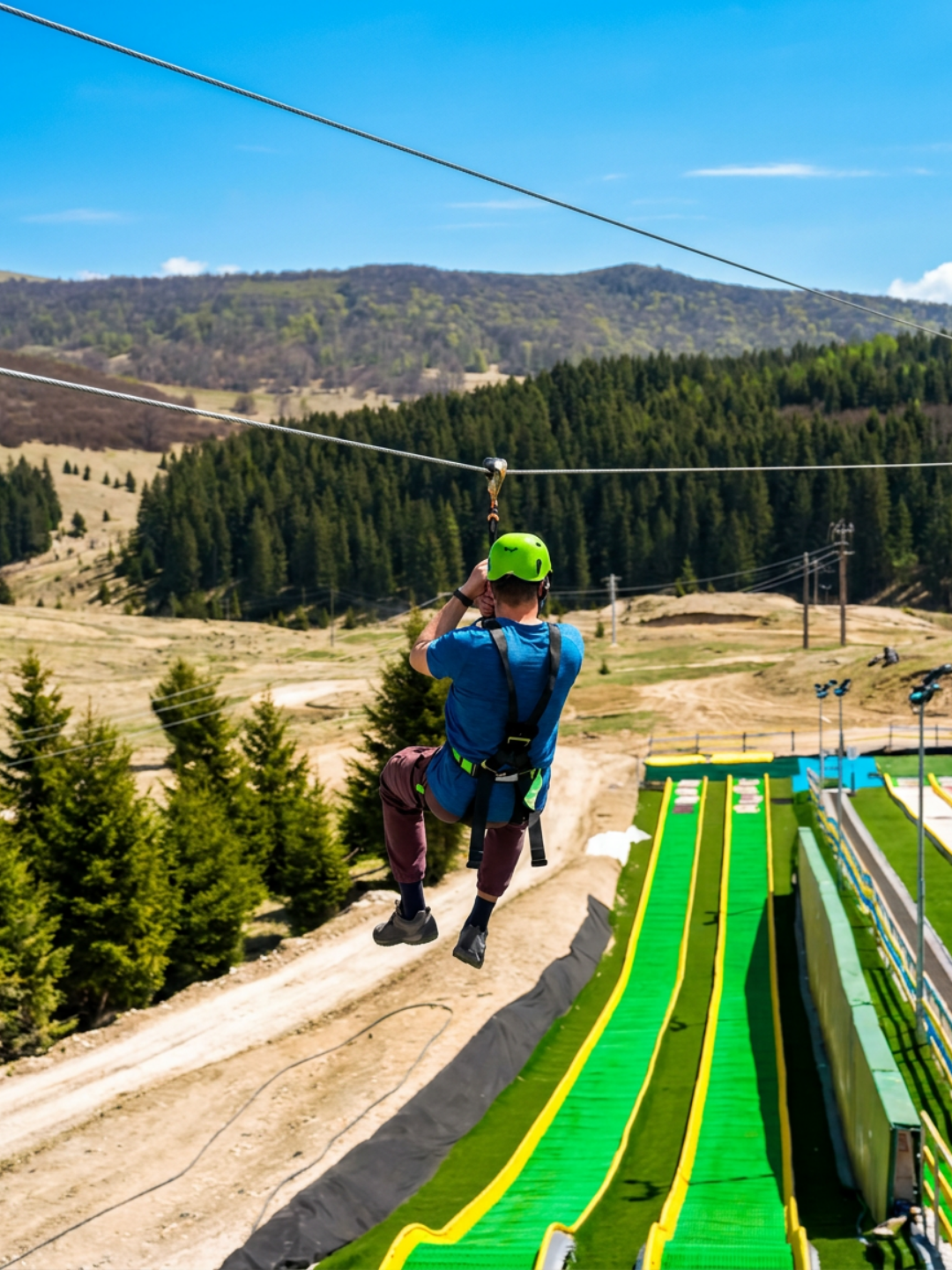 Person with neon green helmet ziplining over a bright green and yellow course against a forested hillside and blue sky.