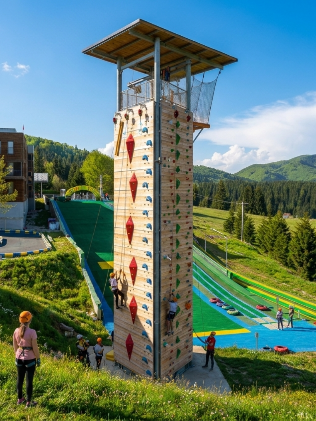 Tall wooden climbing tower with colorful holds, climbers ascending while belayers manage ropes in a sunny mountain park setting.