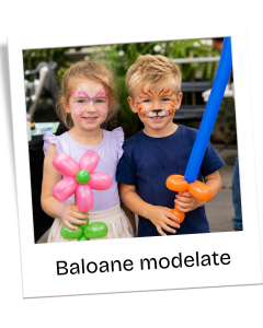 Two smiling children with face paint—girl as a butterfly and boy as a tiger—holding balloon flowers and a blue sword.