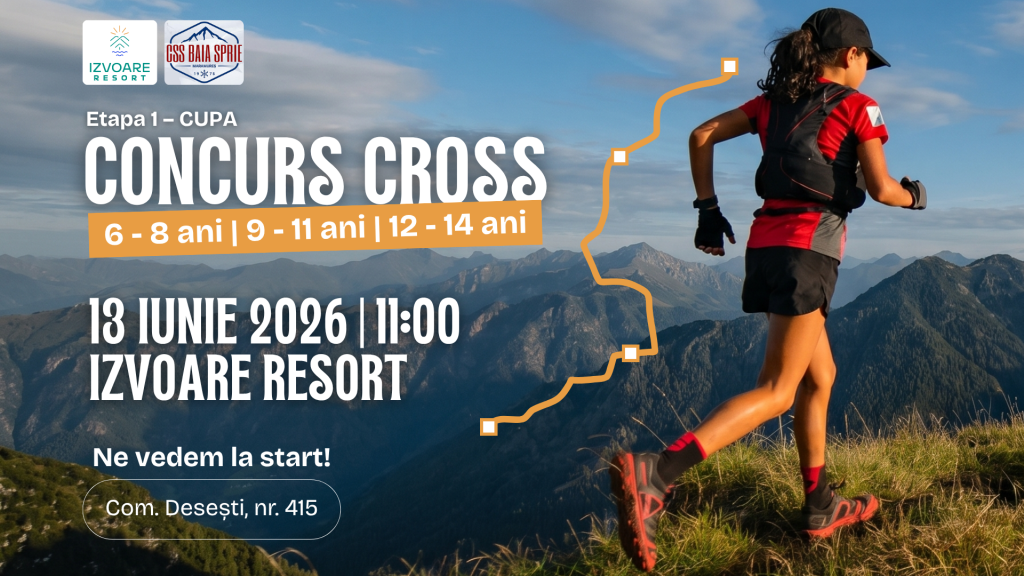 Poster promoting a cross-country contest with a runner in red/black gear running on a mountain trail; route line overlays the image; sponsor logos top-left.