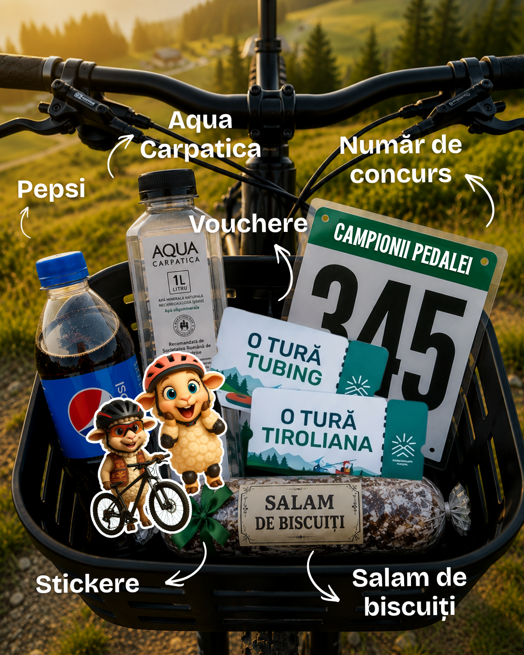 Basket attached to a bicycle containing a bottle of Aqua Carpatica, Pepsi, race numbers, vouchers, stickers, biscuits labeled Salam de biscuiti and two cartoon sheep stickers, and a 'Campionii Pedalei' sign, suggesting a biking event prize haul.