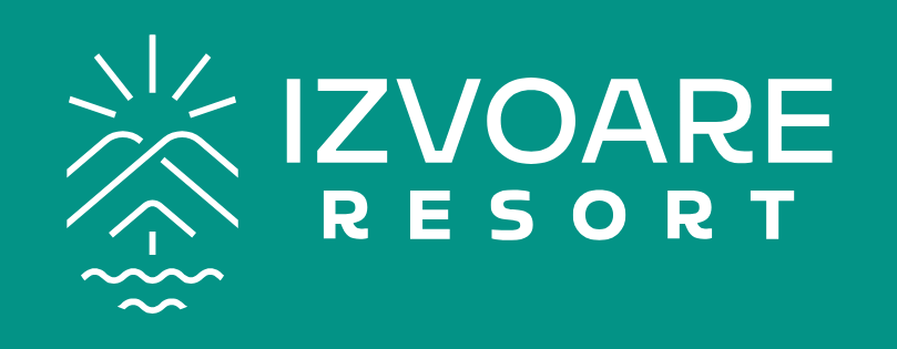 Izvoare Resort logo with a stylized sun, mountains, and waves on a teal background.